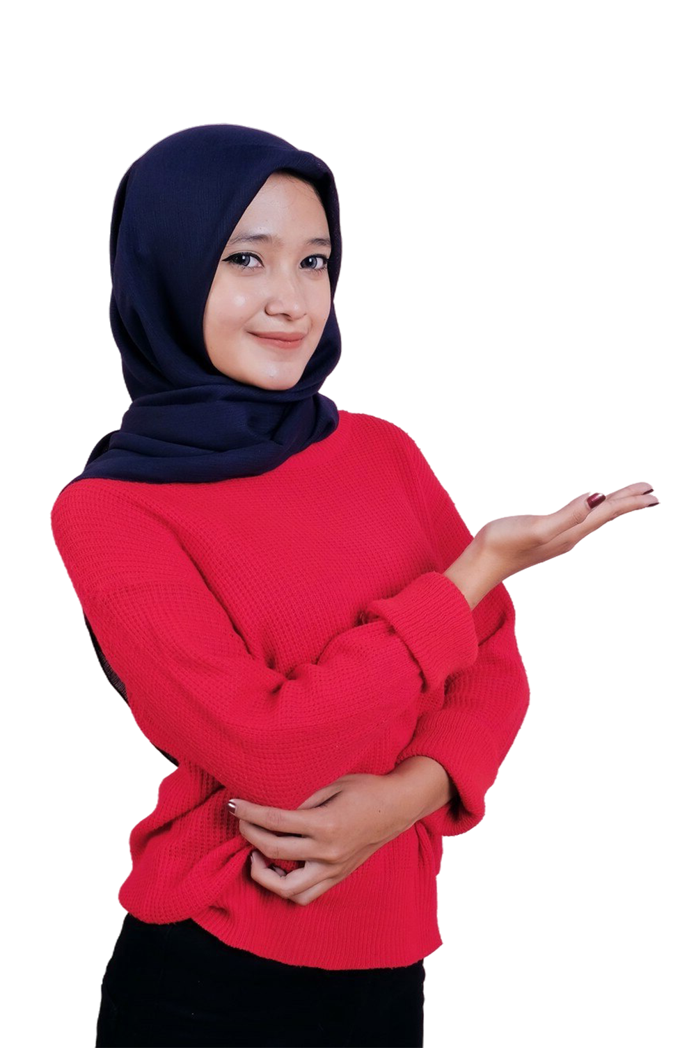 smiling-beautiful-young-woman-showing-something-wearing-red-t-shirt